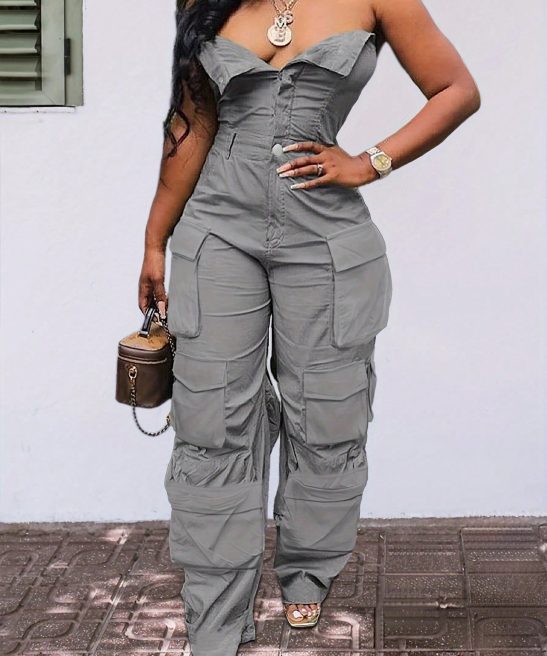 Solid Color Casual Overalls Sexy Straight Tube Top Long Jumpsuit With Pockets