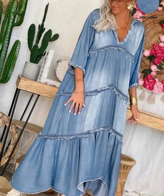 Women's Long Denim Dress Casual Loose Pleated Mid Sleeve V-Neck Jeans Long Skirt