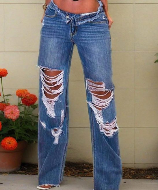 Women's Loose Jeans With Straight Leg Pleats Button And Zipper Closure