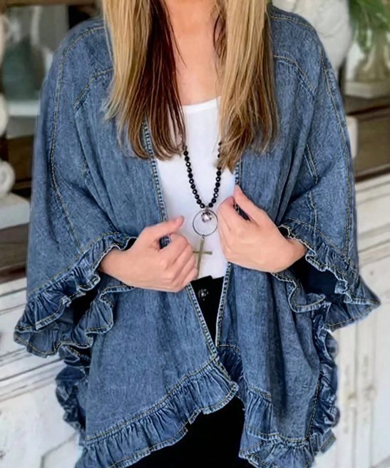 Women's Denim Jacket Sexy Ruffle Sleeve Open Front Stylish Denim Coat