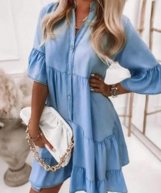 Denim Dress For Women Babydoll Tiered Short Sleeve Button Down Jean Shirt Dresses