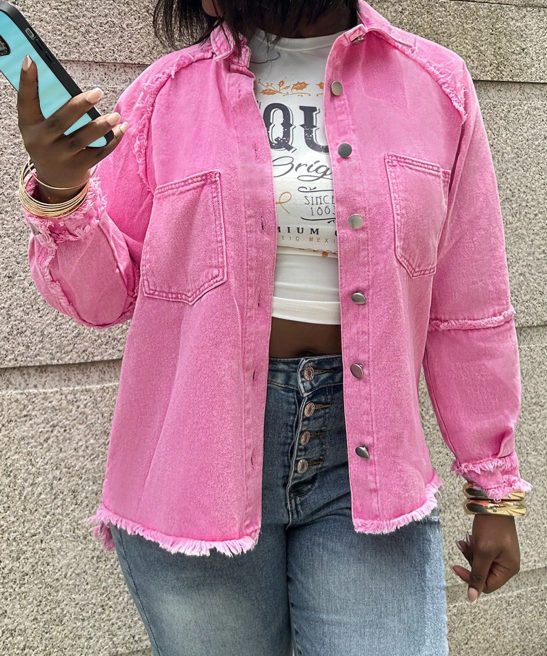 Womens Denim Jacket With Distressed Pockets Casual Jean Coat