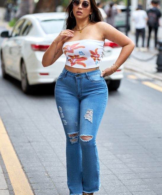 Women's Elastic Ripped Hole Classic Denim Bell Bottom Jeans