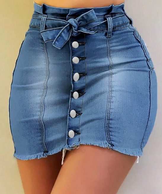 High Waist Paper Bag Tie-Front Bodycon Denim Skirt