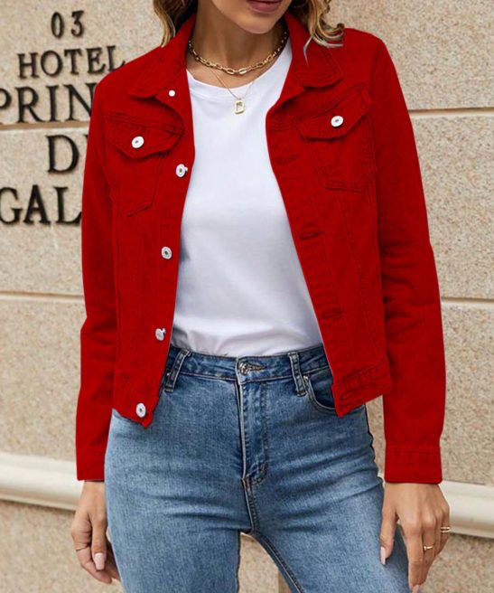 Womens Denim Jacket Single Button Classic Solid Color With Pockets
