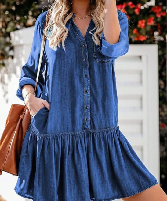 Women's Button Down V Neck Denim Dress Cuffed Long Sleeve Tiered Jean Midi Dress